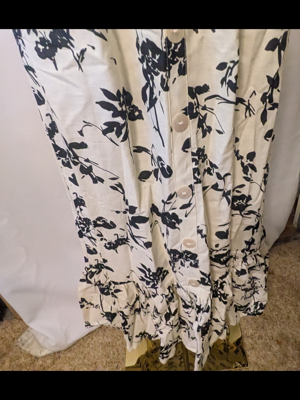 Cream and Black Floral Midi Dress with Ruffle Hem Cotton NWT - Picture 4 of 11
